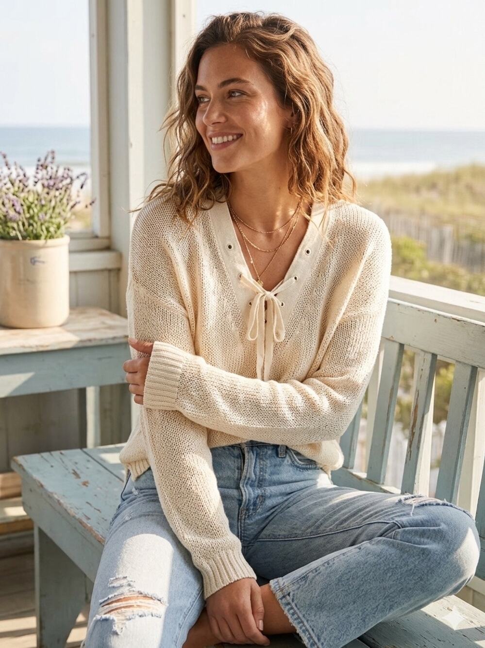 J.Crew Women's 100% Linen Open Knit Lace Up V-Neck Sweater Cream Ivory Large